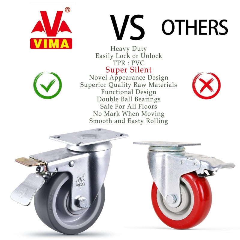 VIMA 4 Inch Castets Set of 4 Heavy Duty Caster Wheels with Brake 2200Lbs Swivel Rigid TPR Rubber Wheel Silent Castor Locking Industrial Plate Casters Wheels for Cart Furniture Workbench, 2 Fixed & 2 Brake - Image 3